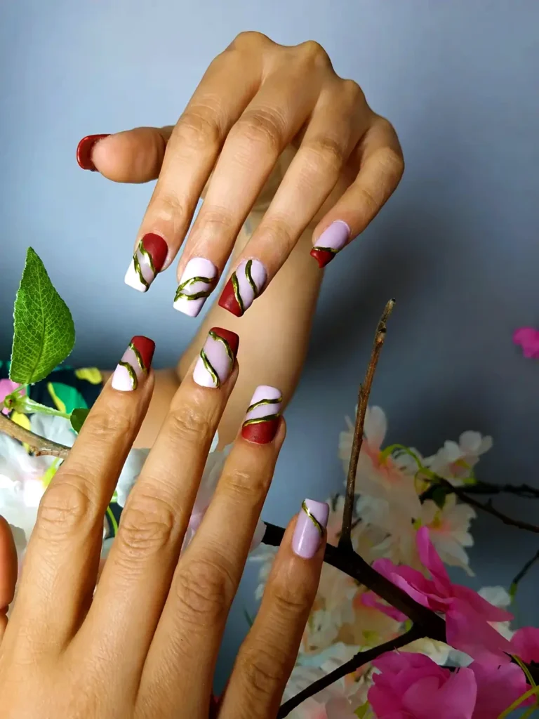 Professional manicure with elegant floral nail art at a premium nail salon in Jhamsikhel