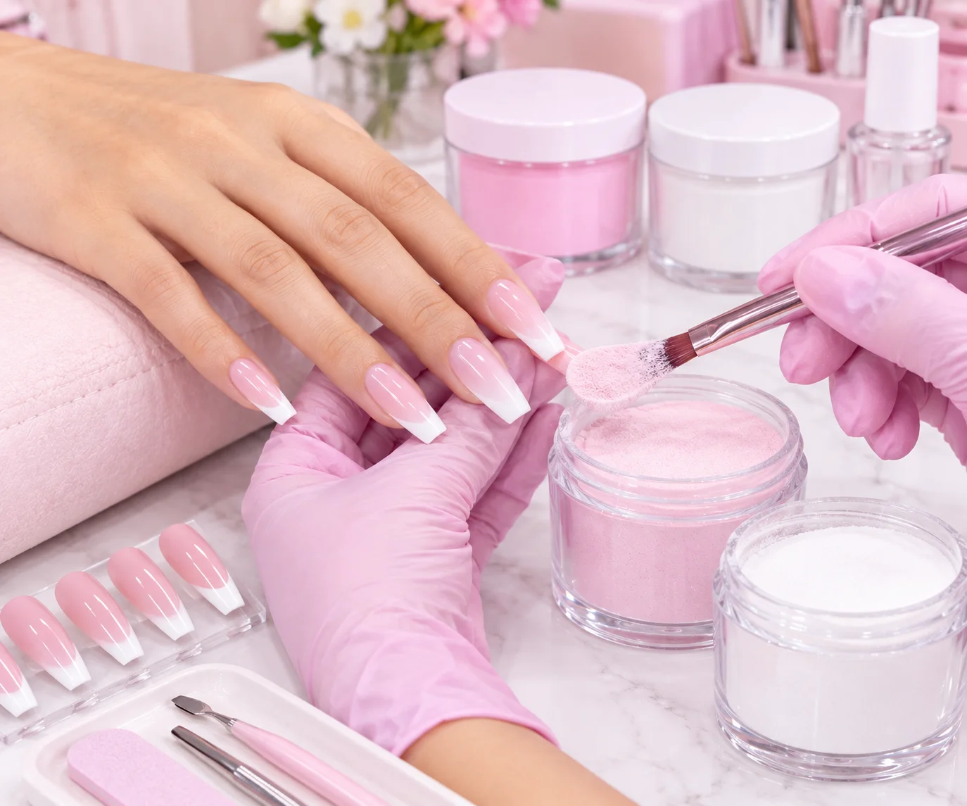 Pink and White Nail Extensions at Subina's Nails Palace