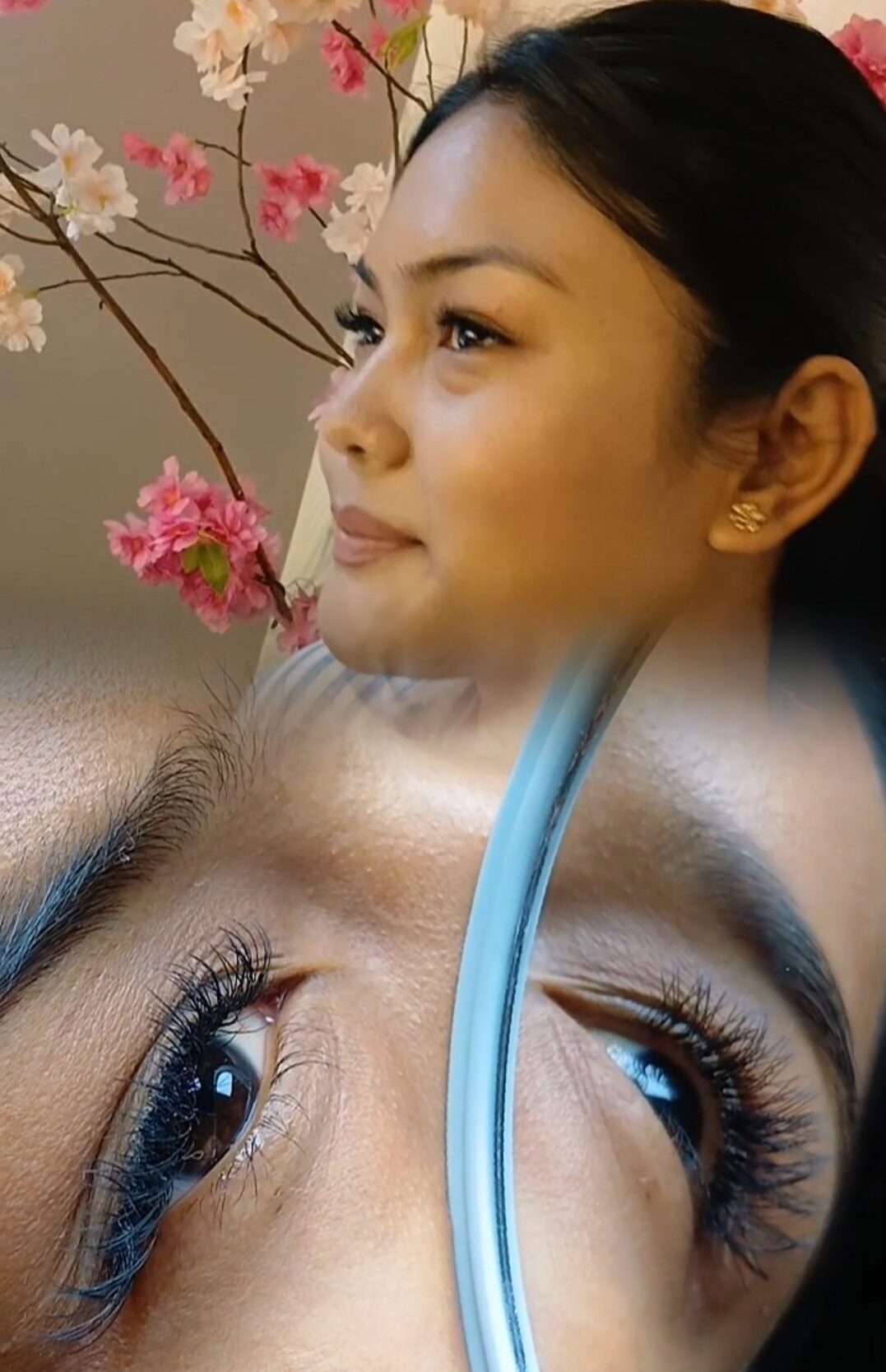 Close-up of eyelash extensions showcasing long, voluminous lashes at a beauty salon in Jhamsikhel