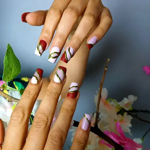 Professional manicure with elegant floral nail art at a premium nail salon in Jhamsikhel